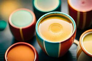 coloré tasses de thé asseoir sur une tableau. généré par ai photo