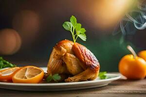 une poulet sur une assiette avec Orange tranches et herbes. généré par ai photo