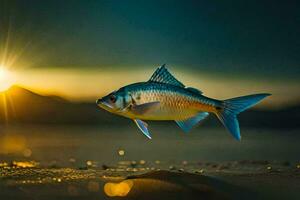 une poisson est nager dans le océan à le coucher du soleil. généré par ai photo