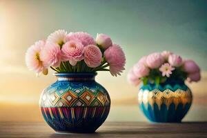 deux des vases avec rose fleurs sur une tableau. généré par ai photo