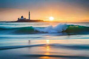 le lever du soleil plus de le islamique mosquée dans le milieu de le océan. généré par ai photo