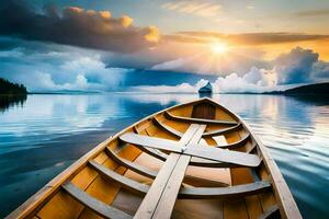 le bateau est sur le l'eau à le coucher du soleil. généré par ai photo