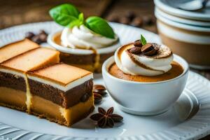 une assiette avec une tranche de gâteau et café. généré par ai photo