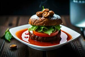 une Hamburger avec tomate, salade et des noisettes sur une blanc plaque. généré par ai photo