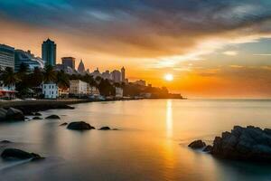 le Soleil ensembles plus de une ville sur le côte. généré par ai photo