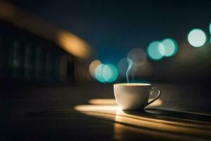 une tasse de café sur une table dans le sombre. généré par ai photo