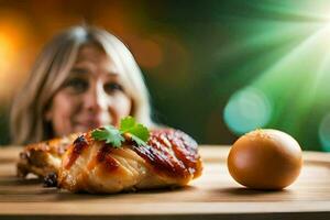 une femme est à la recherche à une poulet et un œuf. généré par ai photo