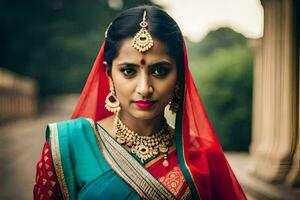 une magnifique Indien la mariée dans traditionnel tenue. généré par ai photo