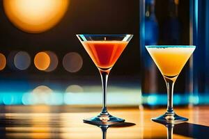 deux des cocktails asseoir sur une table dans de face de une bar. généré par ai photo