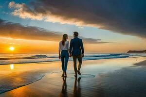 une couple en marchant sur le plage à le coucher du soleil. généré par ai photo