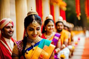 une la mariée dans traditionnel Indien tenue avec sa famille. généré par ai photo