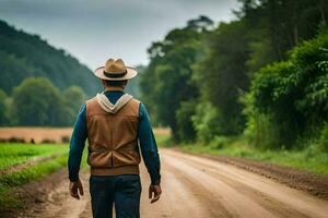 une homme dans une chapeau et gilet en marchant vers le bas une saleté route. généré par ai photo