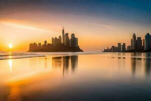 le Soleil ensembles plus de le ville horizon dans Dubai. généré par ai photo