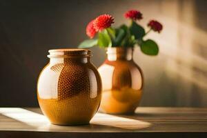 deux marron des vases avec fleurs séance sur une tableau. généré par ai photo