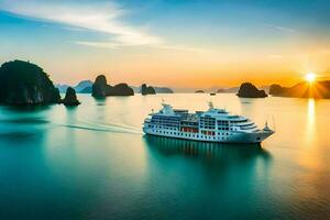 croisière navire dans le océan à le coucher du soleil. généré par ai photo