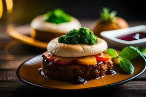 une assiette avec une sandwich et certains des légumes. généré par ai photo