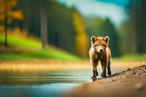 une Renard est en marchant le long de une rivière dans le forêt. généré par ai photo