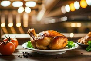 une poulet sur une assiette avec des légumes et tomates. généré par ai photo