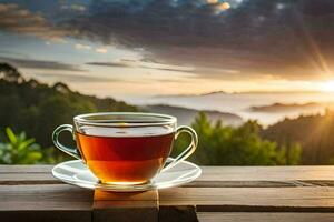 une tasse de thé sur une en bois table dans de face de une magnifique le coucher du soleil. généré par ai photo