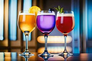 Trois des lunettes de différent coloré les boissons sur une tableau. généré par ai photo