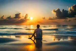 homme séance sur le plage à le coucher du soleil. généré par ai photo