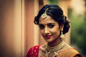 une magnifique Indien la mariée dans traditionnel tenue. généré par ai photo