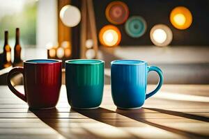 Trois coloré café des tasses sur une en bois tableau. généré par ai photo