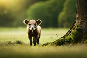 une bébé ours est permanent dans le herbe près une arbre. généré par ai photo