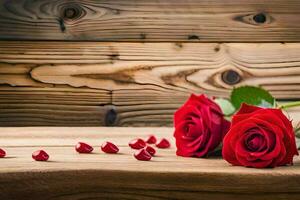 deux rouge des roses sur une en bois tableau. généré par ai photo