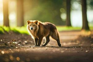 une marron chien est en marchant sur une saleté route. généré par ai photo