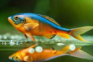 une poisson avec bleu et Orange couleurs est réfléchi dans le l'eau. généré par ai photo