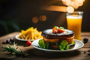 une sandwich avec tomate et frites sur une plaque. généré par ai photo