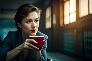 une femme est séance dans une café avec une tasse de café. généré par ai photo