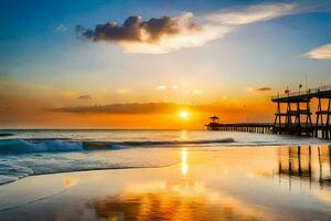 une jetée et plage à le coucher du soleil avec vagues. généré par ai photo