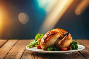 une assiette de poulet et des légumes sur une en bois tableau. généré par ai photo