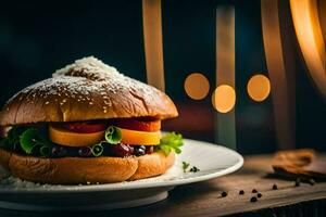 une Hamburger est séance sur une assiette avec une bougie dans le Contexte. généré par ai photo