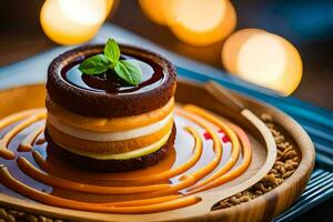 une dessert sur une en bois assiette avec caramel sauce. généré par ai photo