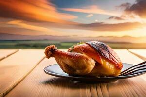 une poulet sur une assiette avec une fourchette et couteau sur une en bois tableau. généré par ai photo