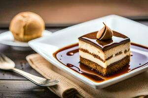 une pièce de gâteau avec caramel sauce sur Haut. généré par ai photo