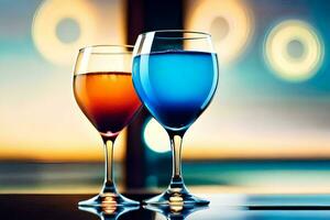 deux du vin des lunettes avec bleu et rouge liquide. généré par ai photo