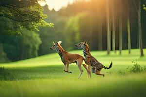 deux cerf fonctionnement par une champ avec des arbres dans le Contexte. généré par ai photo