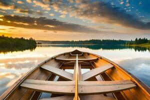 une bateau sur une Lac à le coucher du soleil. généré par ai photo