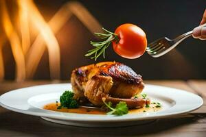 une la personne est en portant une fourchette plus de une pièce de Viande. généré par ai photo