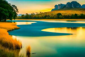 le Soleil ensembles plus de une rivière et montagnes. généré par ai photo