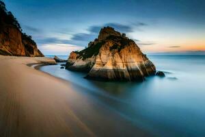 une longue exposition photographier de une plage à le coucher du soleil. généré par ai photo