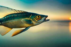 une poisson avec une longue queue est en volant plus de le l'eau. généré par ai photo