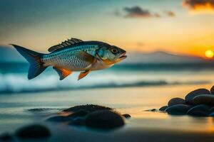 une poisson est sauter en dehors de le l'eau à le coucher du soleil. généré par ai photo