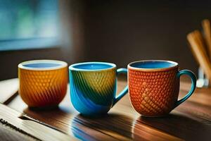 Trois coloré café tasses sur une en bois tableau. généré par ai photo