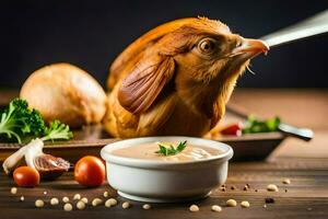 une poulet est séance sur une table avec une bol de sauce. généré par ai photo