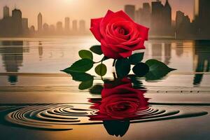 une rouge Rose est réfléchi dans l'eau avec une ville dans le Contexte. généré par ai photo